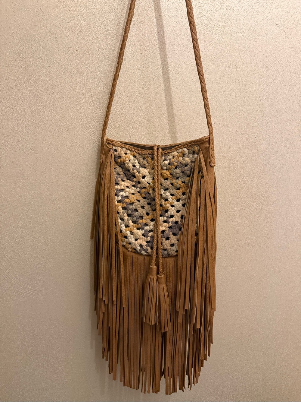 Tan Fringe Crossbody Bag with Woven Multicolor Panel